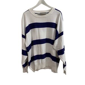 Vintage Eddie Bauer Striped White and Navy Blue Sweater 100% Cotton Men’s XL